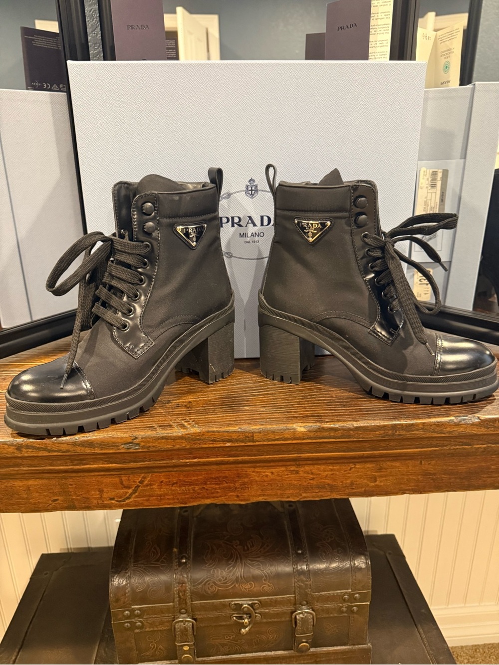 Prada Black Lace-Up Chunky Heel Ankle Boots